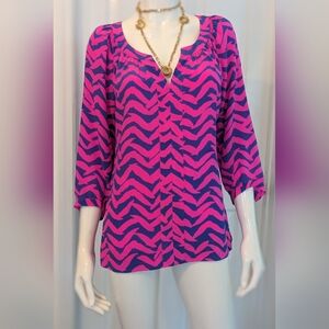 Lilly Pulitzer , 100% Silk , Pink and Blue Zigzag  Blouse Size Small